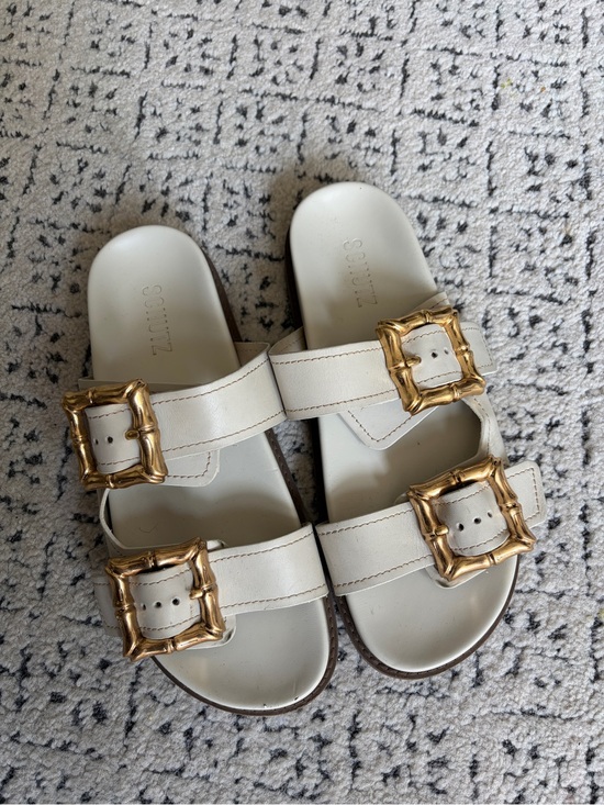SCHUTZ Shoes - Women’s Schutz Enola White Slide Sandals with Decorative Gold Buckles
